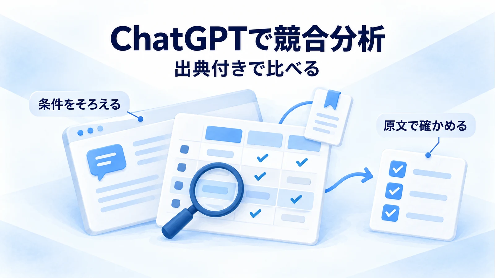 ChatGPTで作る比較表と原資料を照合し改善案へつなげる概念図