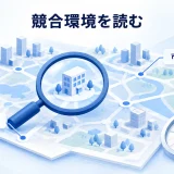 競合環境全体を地図と拡大鏡で捉える図