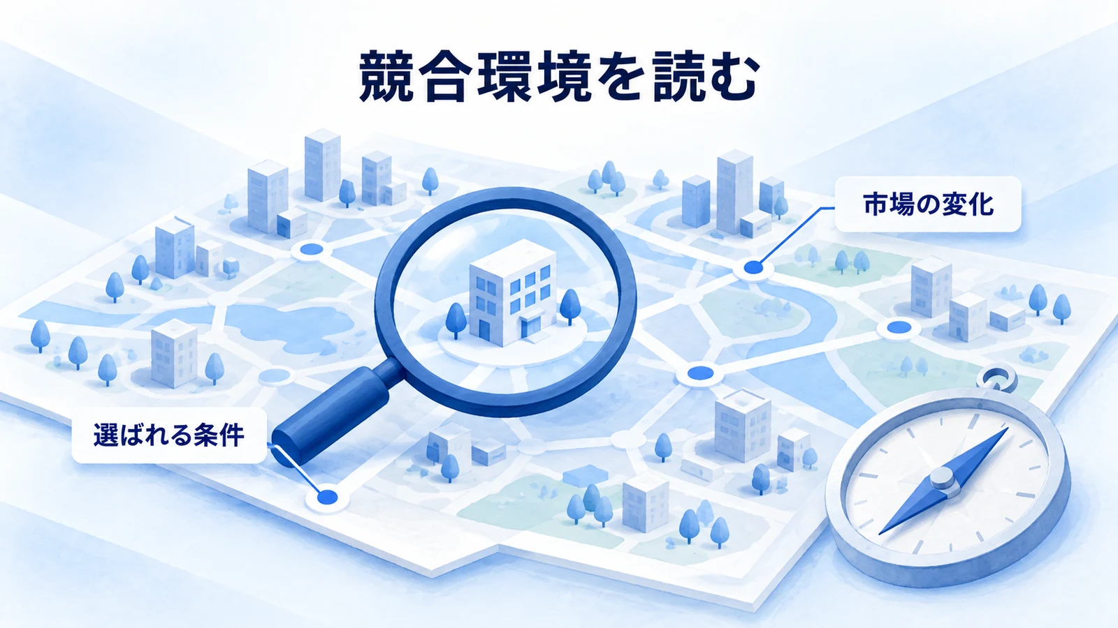 競合環境全体を地図と拡大鏡で捉える図