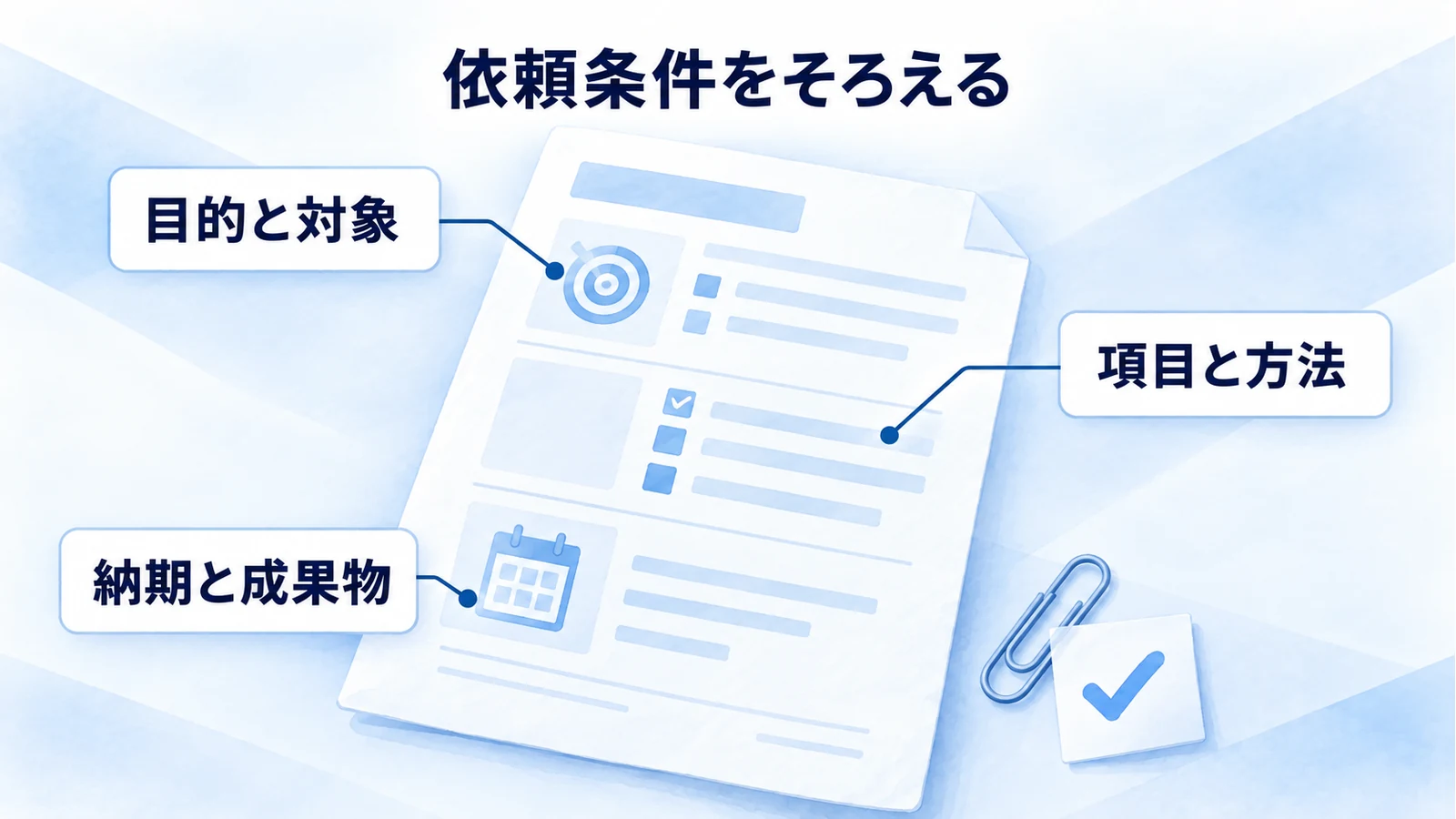 依頼書の目的と対象、項目と方法、納期と成果物をそろえる注釈図