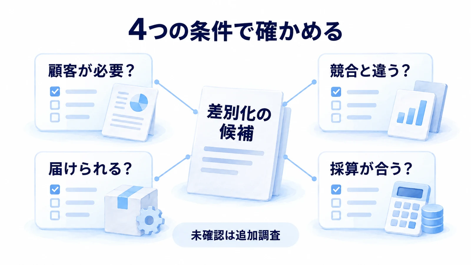 差別化の候補を顧客の必要性、競合との違い、提供体制、採算の4条件で確かめる図