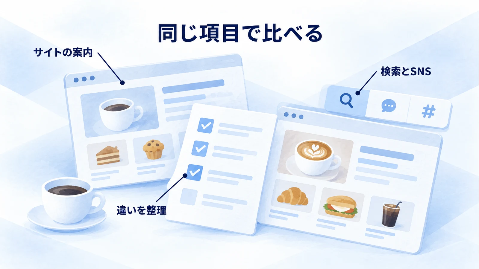 2つのカフェのサイトと発信を同じ項目で比較する
