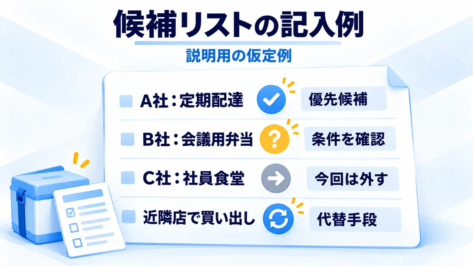 架空の法人弁当配達の候補を優先候補、条件確認、対象外、代替手段に分けた記入例