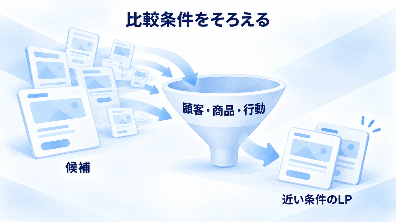 多くのLP候補から顧客・商品・行動の条件が近いページを絞る図