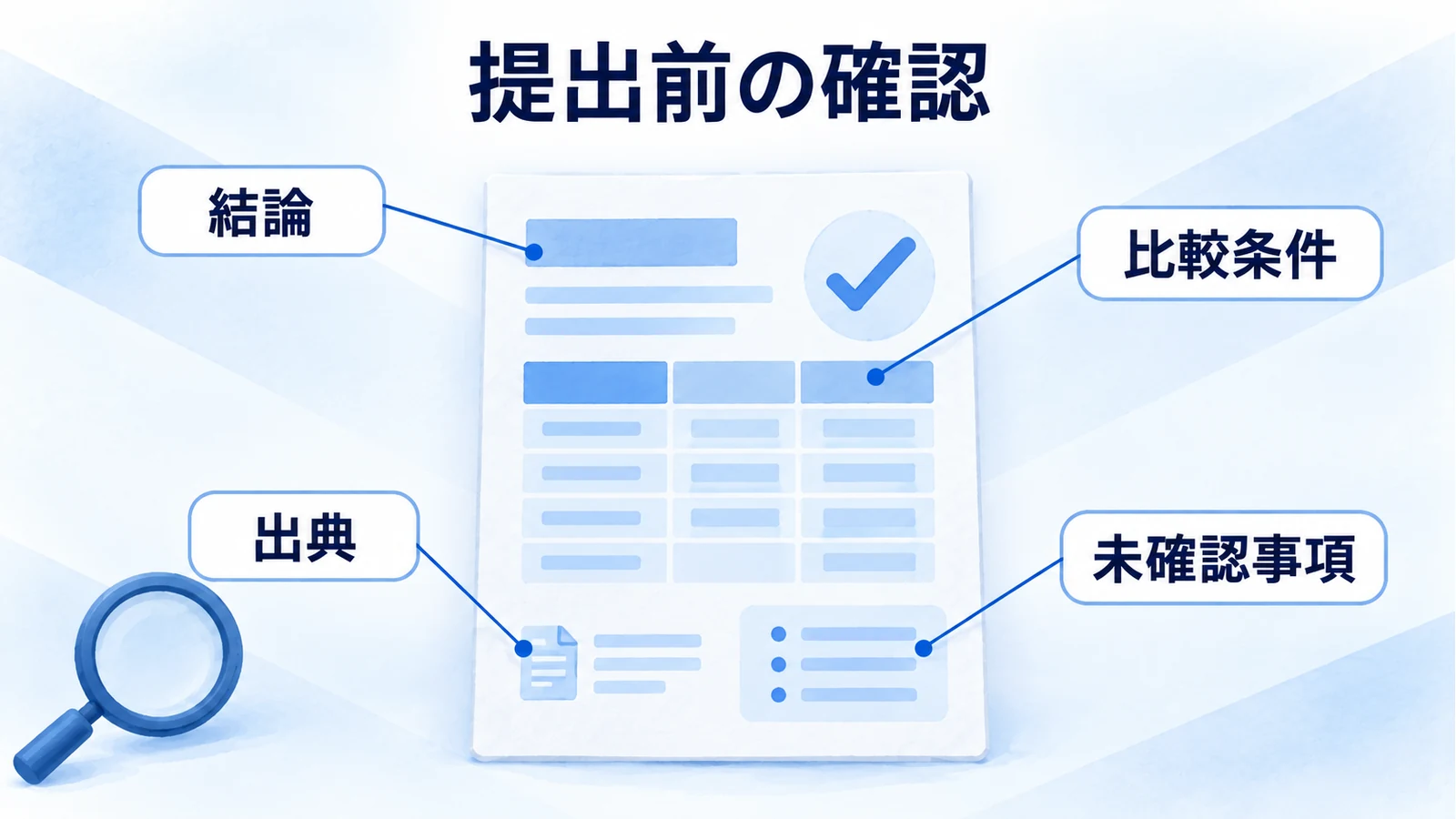 報告書の結論、比較条件、出典と未確認事項を点検する注釈図