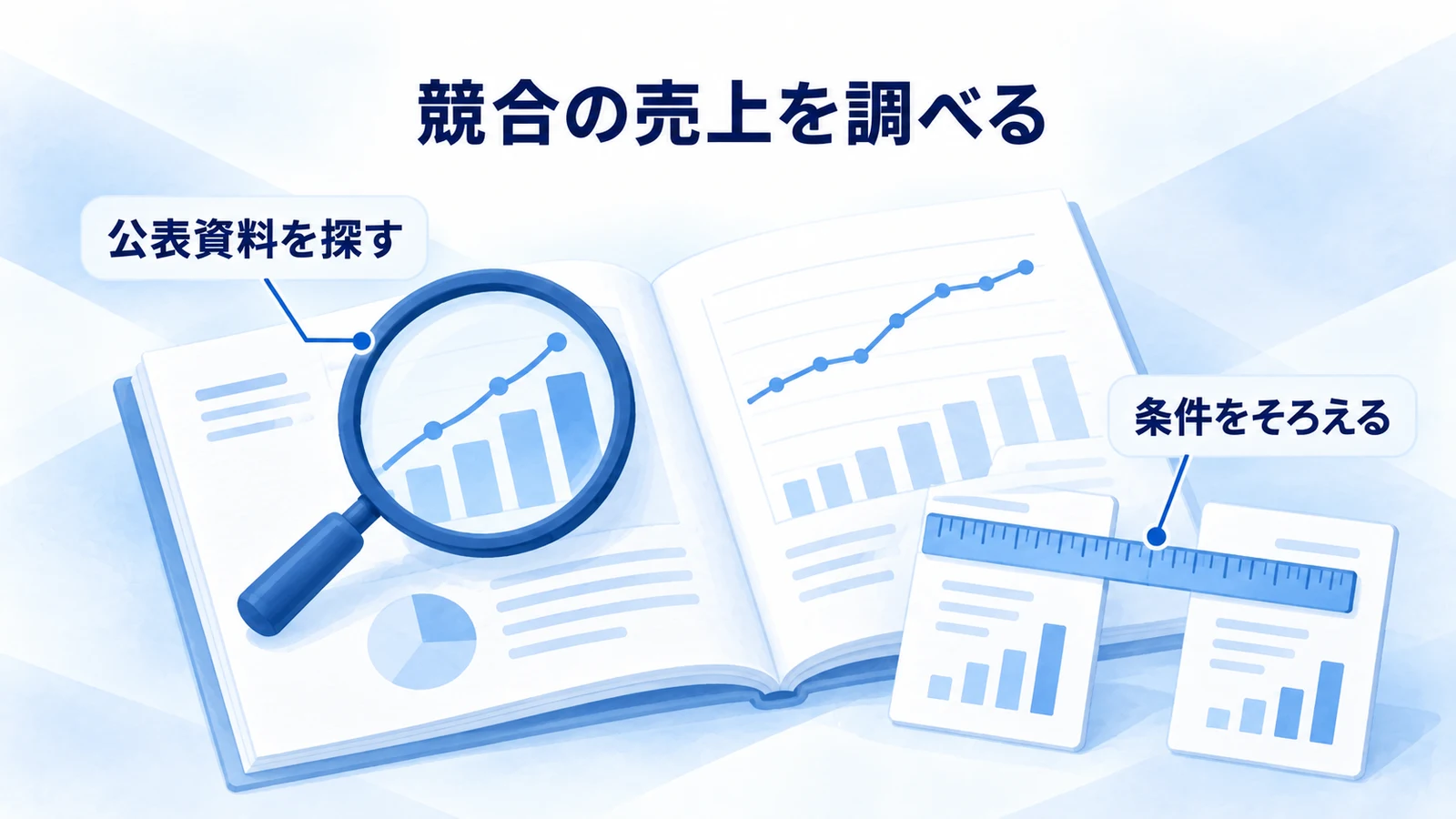 公表資料を探し比較条件をそろえて競合の売上を調べる図