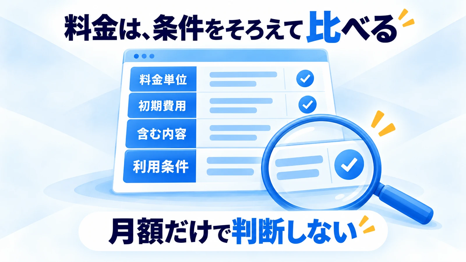 料金単位、初期費用、含む内容、利用条件をそろえて比較する図