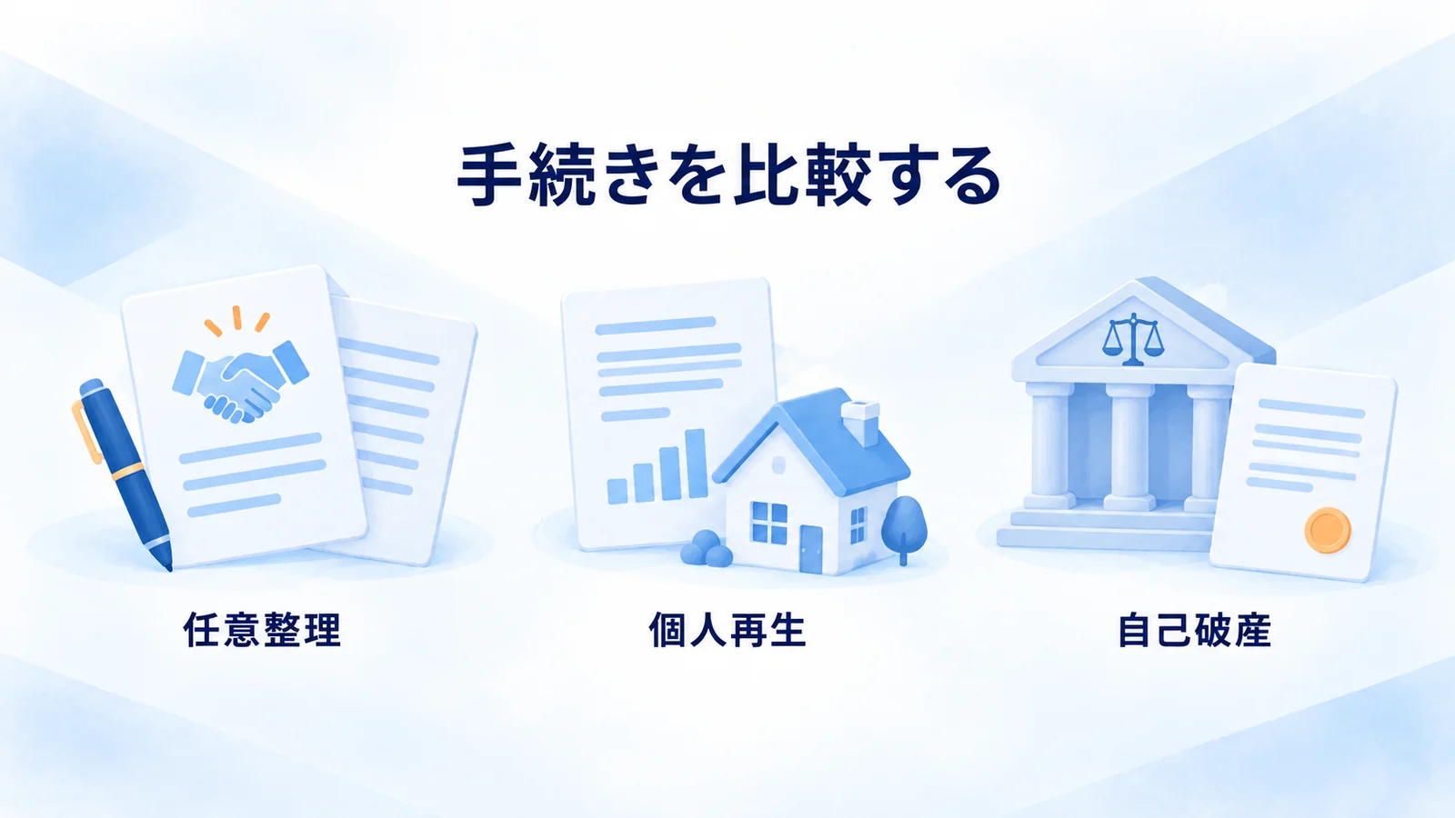 任意整理の交渉書類、個人再生の計画と家、自己破産の裁判所と書類の図