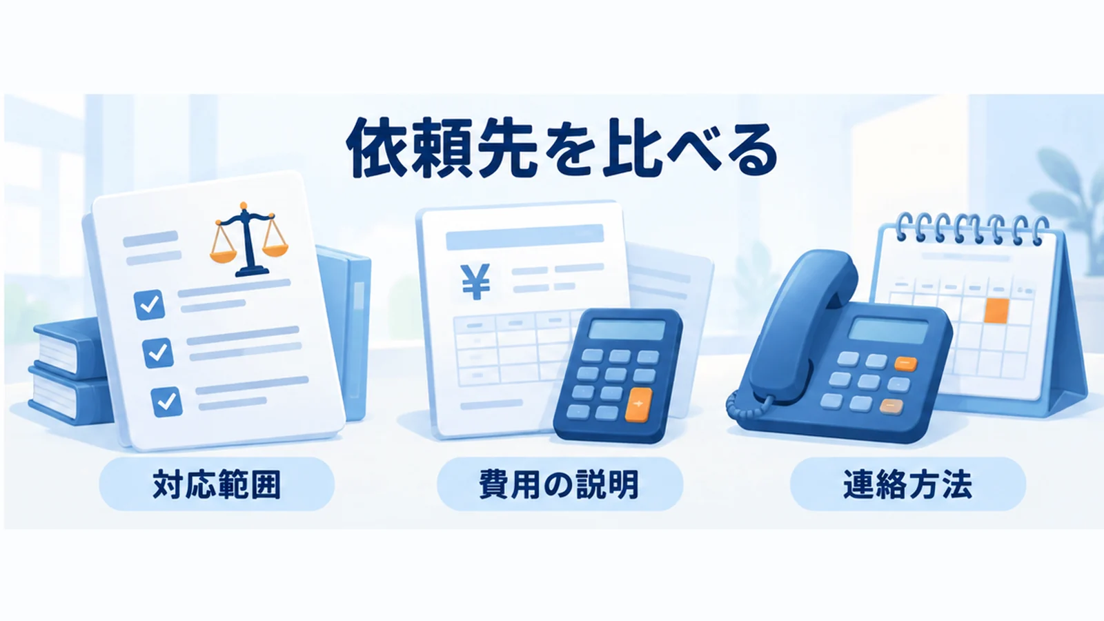 対応範囲の書類、費用の見積書、連絡方法の電話とカレンダーの図