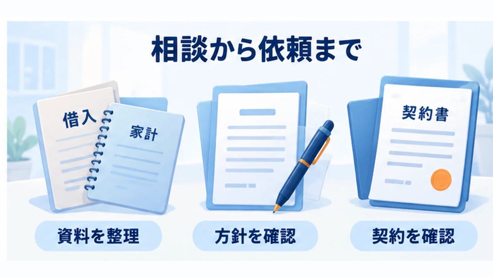 借入と家計のノート、方針確認の書類、契約書を示す図