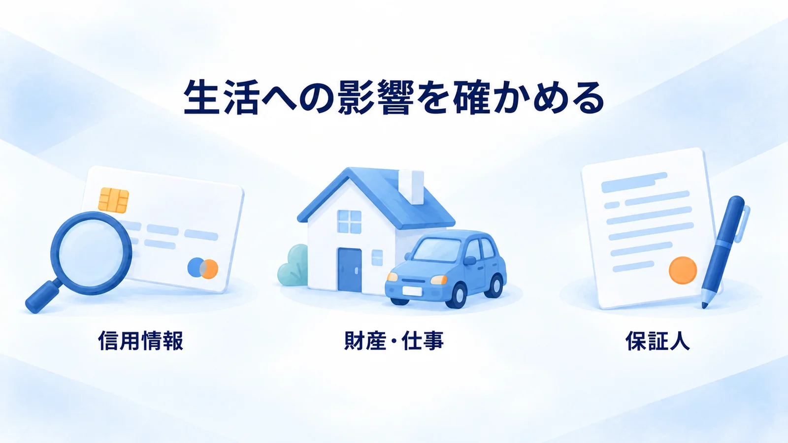 信用情報のカード、財産・仕事を示す家と車、保証契約書の図