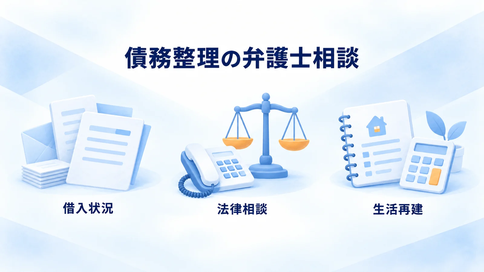 債務整理の弁護士相談で借入状況・法律相談・生活再建を整理する図