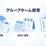 グループホーム経営の施設運営、収支と資金、人員と支援を無人施設と書類で示した図