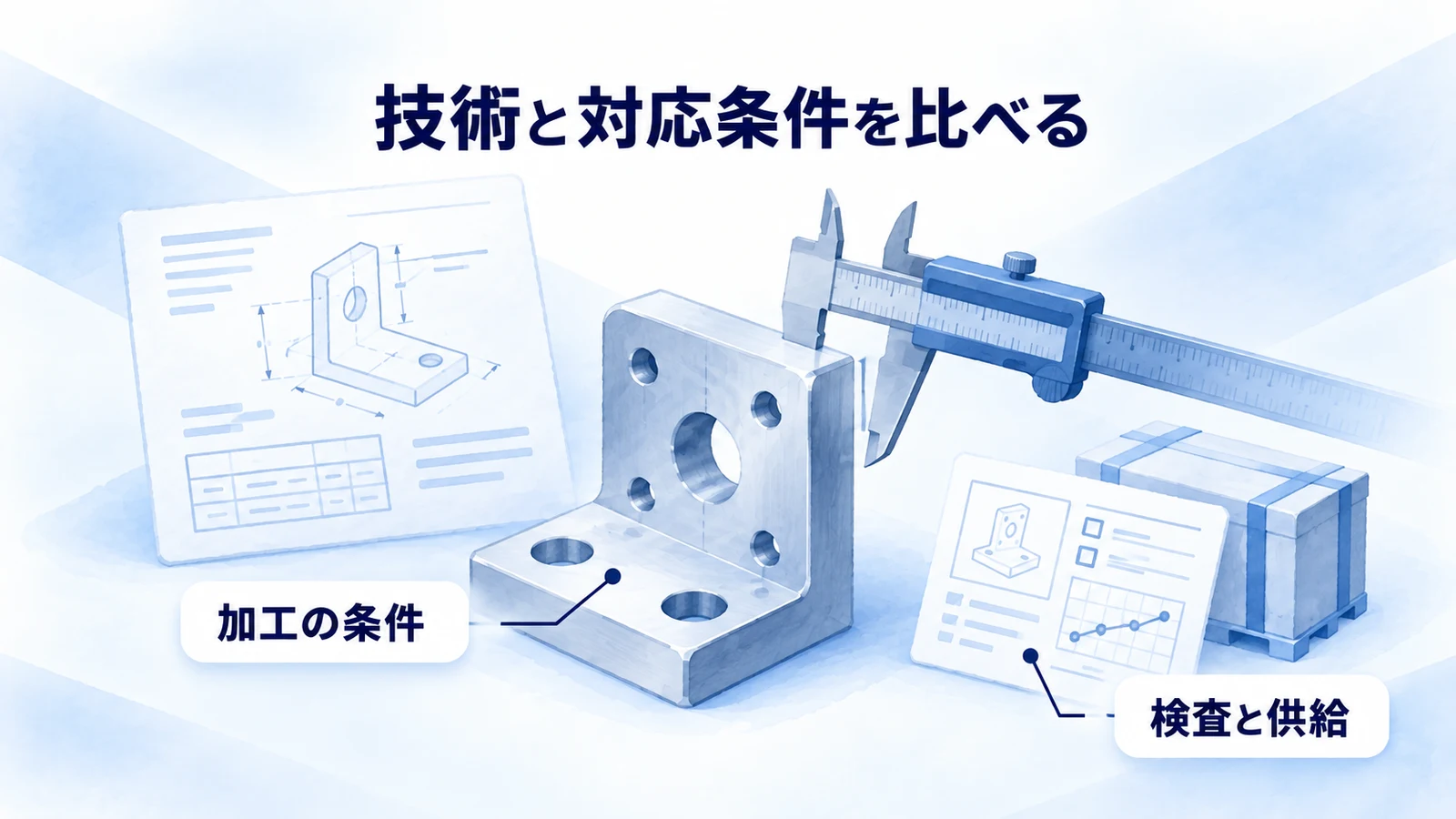 加工条件と検査・供給体制を部品の周囲にまとめた図