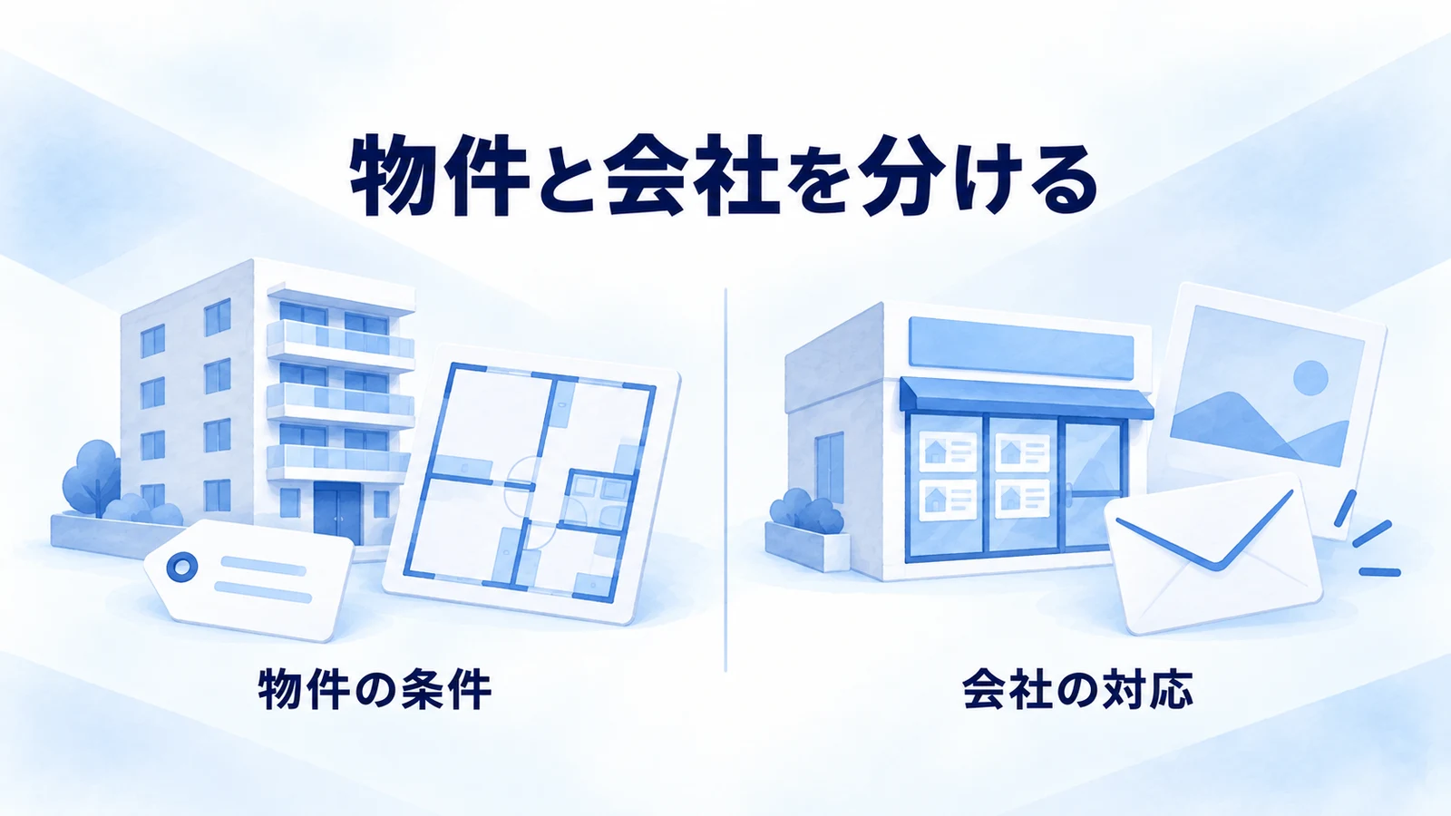 物件の条件と不動産会社の情報・対応を分けて調べる対比図