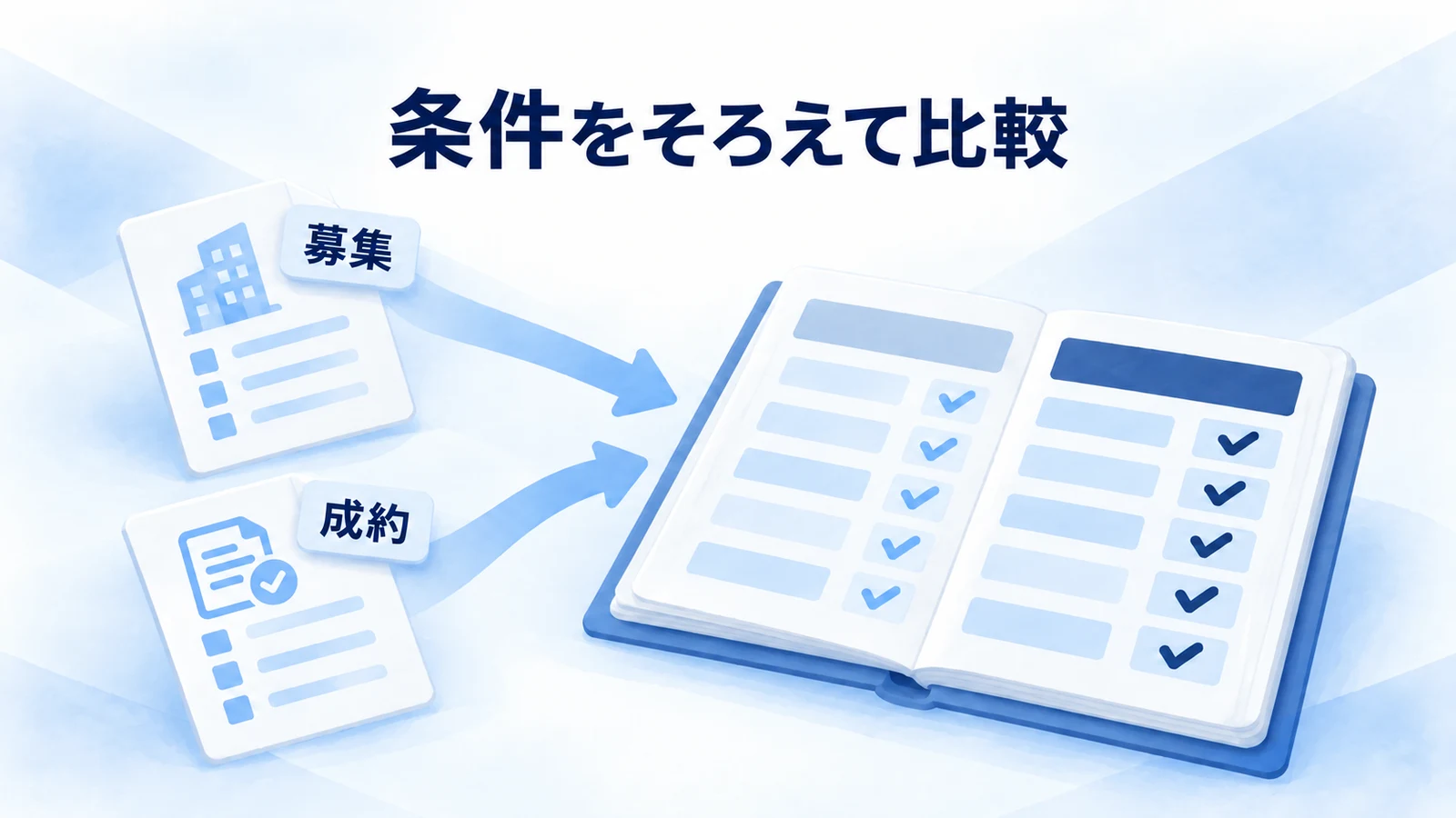 募集価格と成約価格の情報を区別して条件をそろえる比較台帳の図