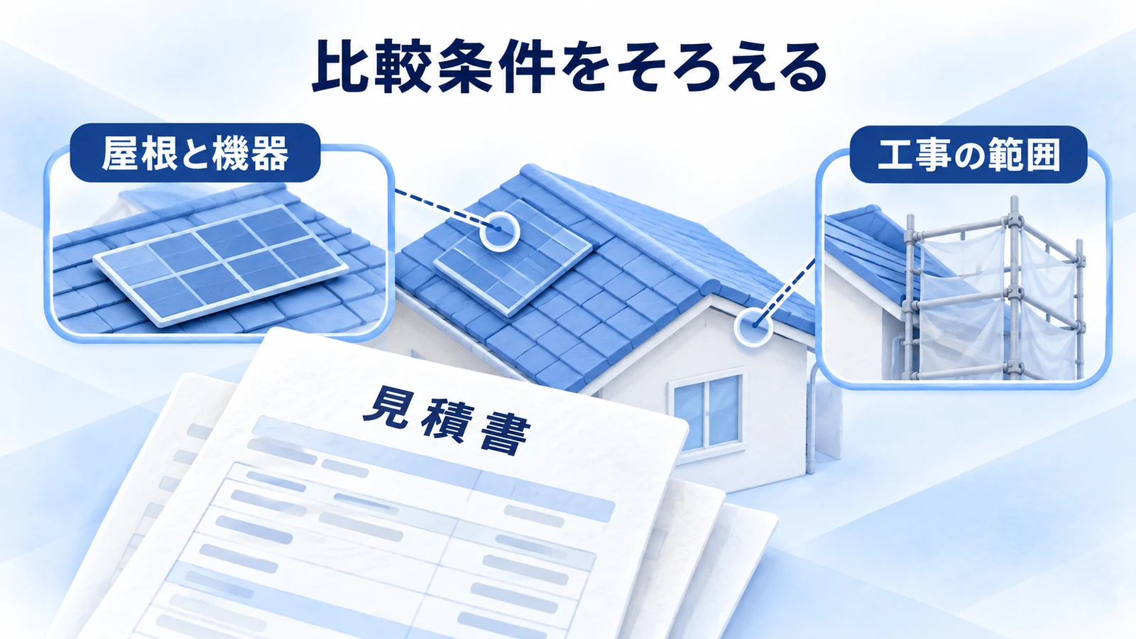 太陽光パネルの配置図と工事の見積内訳を重ねて確認する図