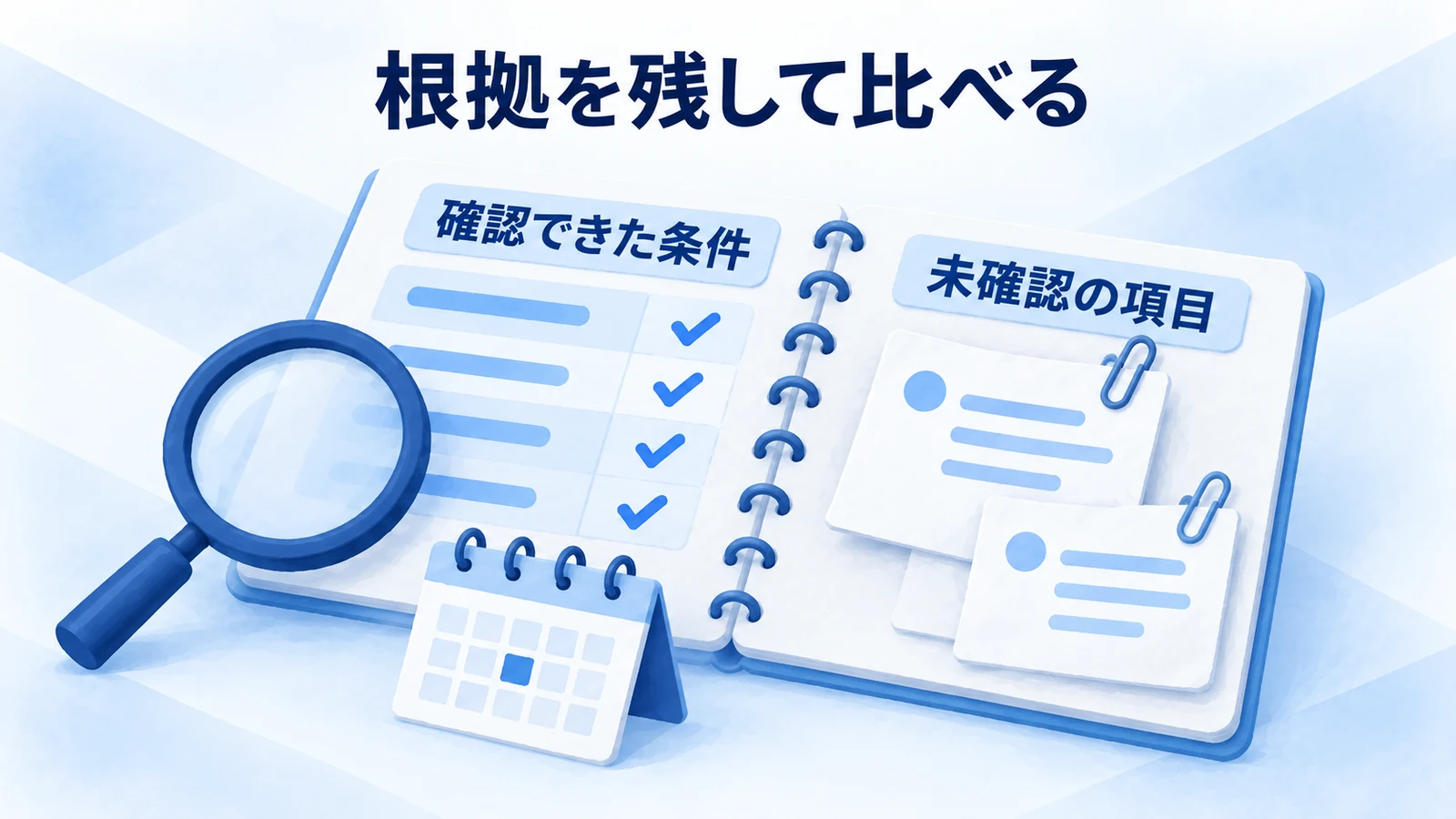 条件と出典をひも付けて記録した競合比較ノートの図