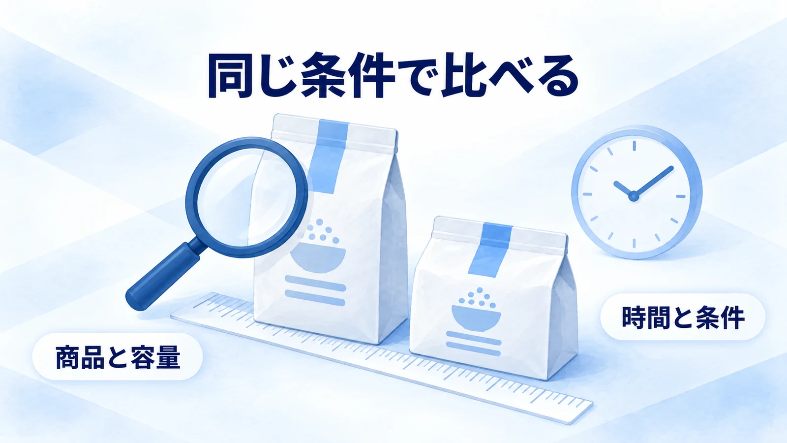 食品の容量と価格条件をそろえて比較する図
